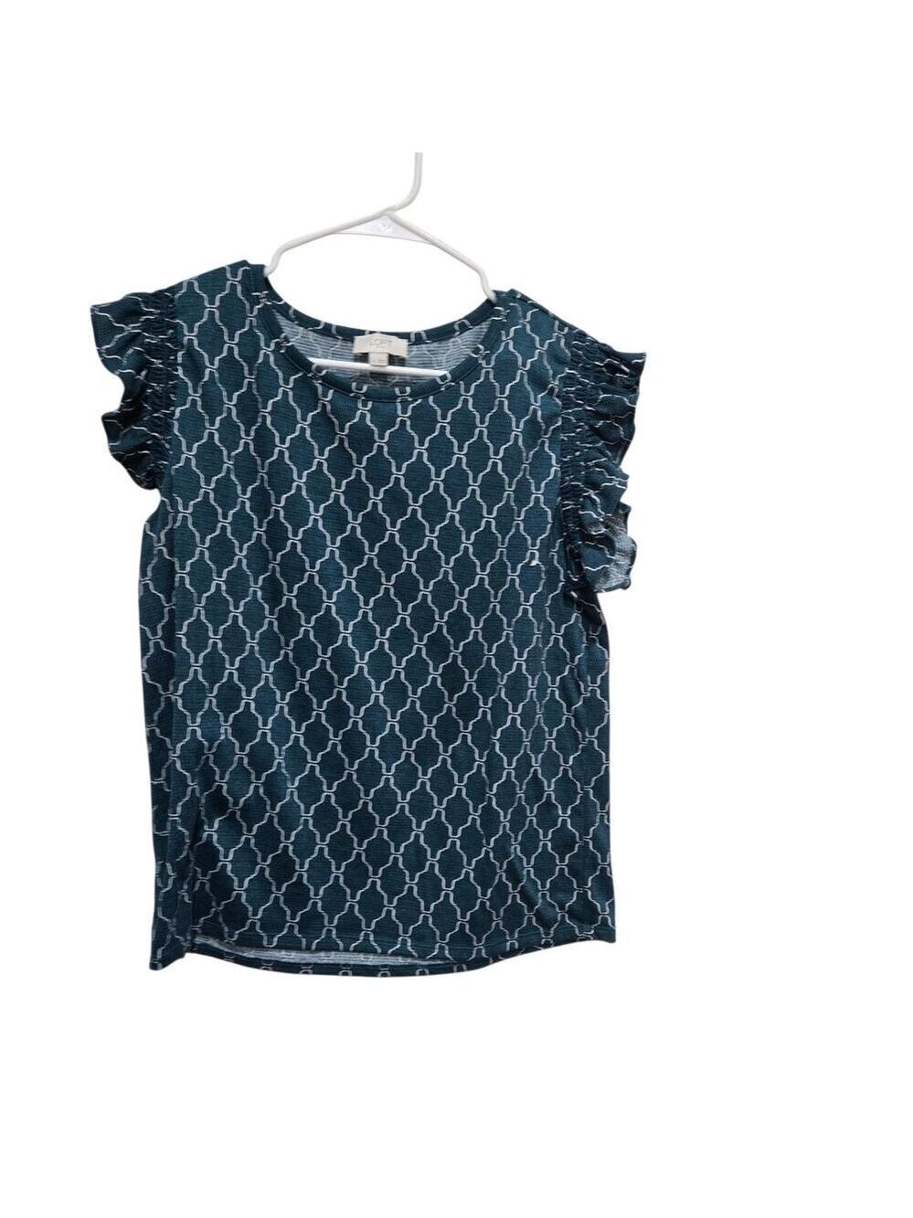 LOFT Outlet Teal Geometric Ruffle Sleeve Knit Top Large